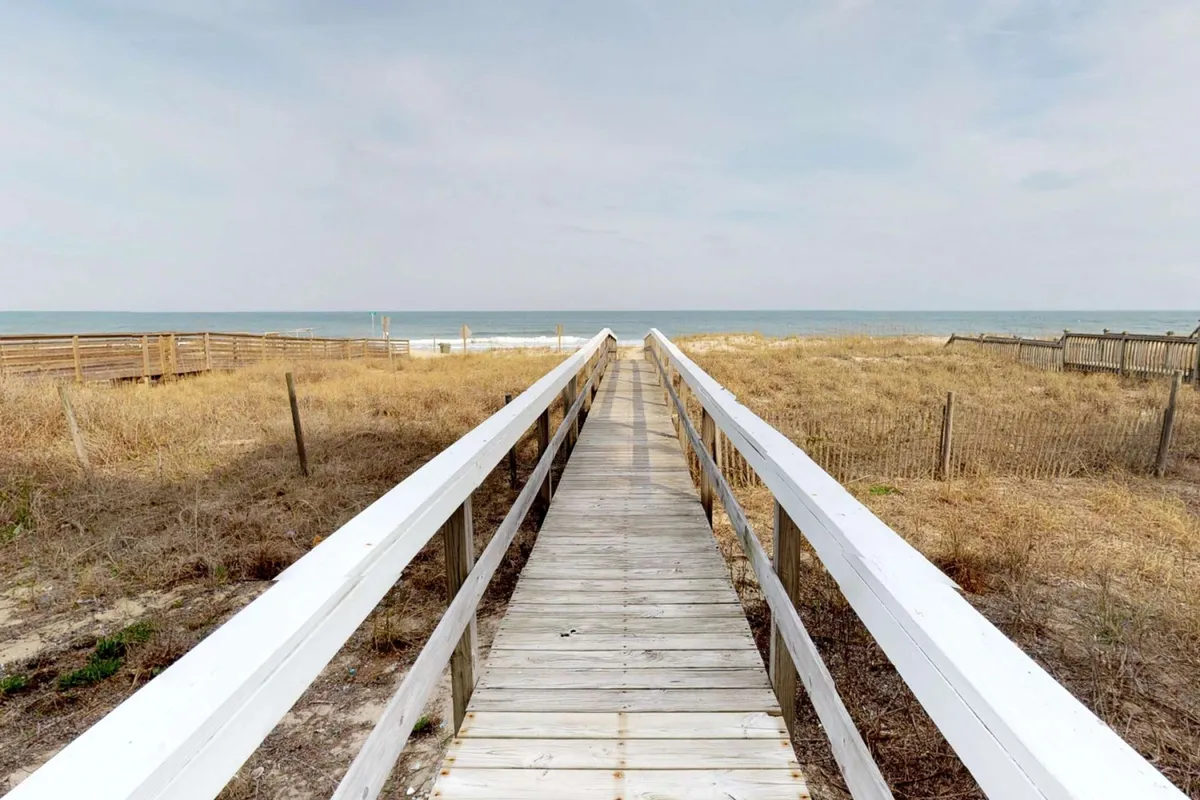 A serene scene of a wooden walkway bordered by lush dune grass, leading the viewer’s eye to a sweeping ocean view. The natural landscape appears untouched and inviting, with gentle morning light enhancing the peacefulness.